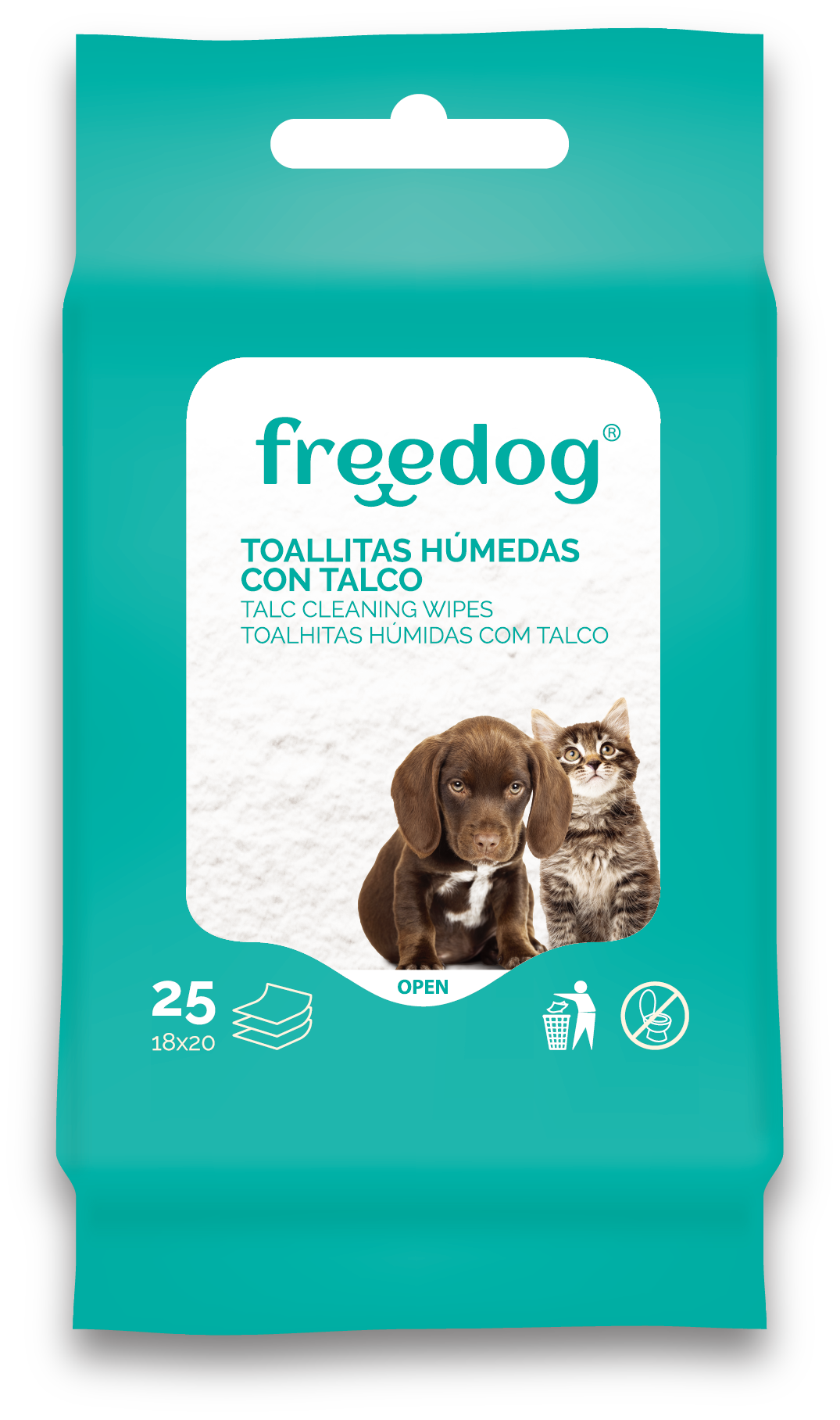 FREEDOG TOALLITAS HUMEDAS TALCO POCKET 25 UNIDADES 18 X 20CM