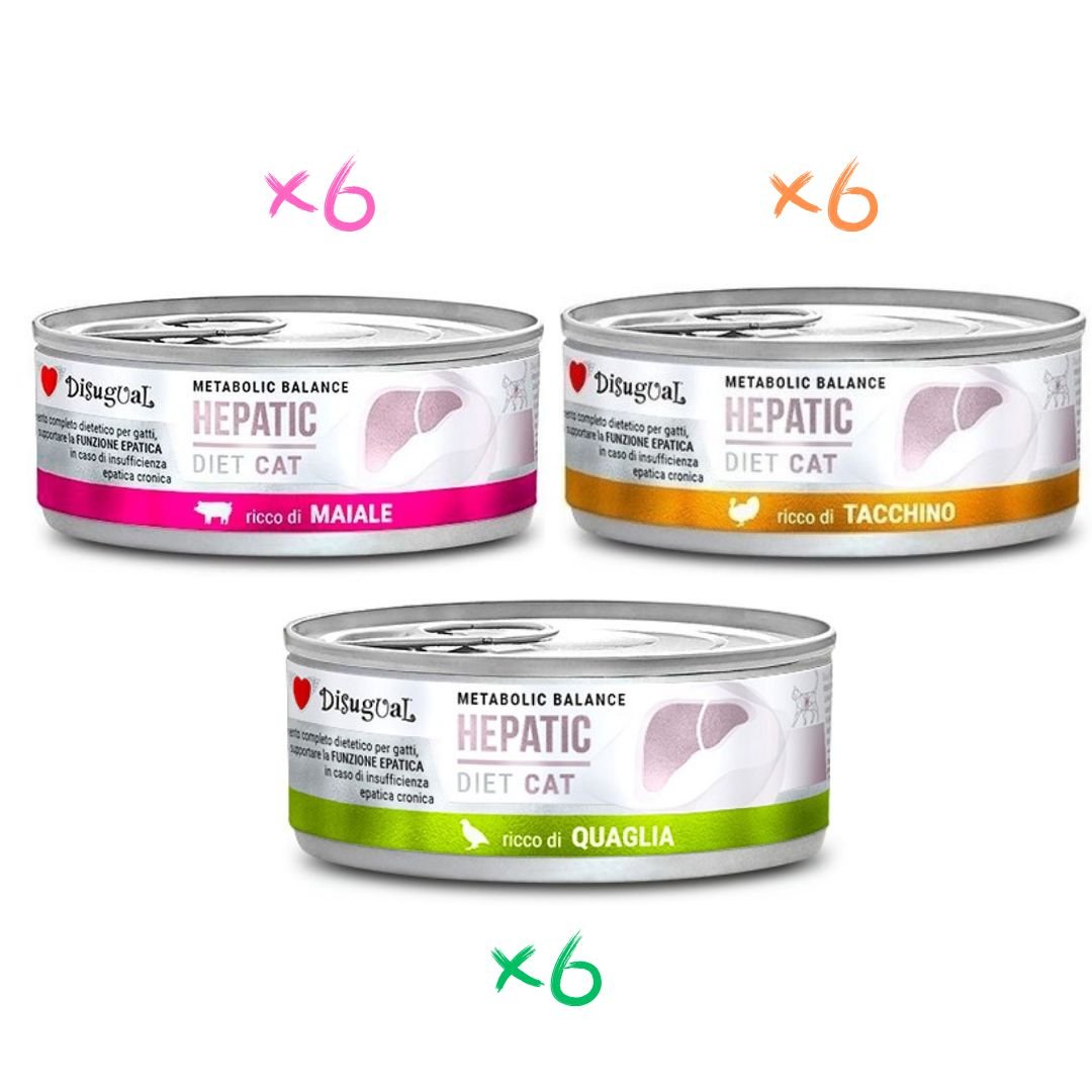Disugual Hepático Gato Pack 18x85Gr Varios Sabores: Pavo, Codorniz y Cerdo