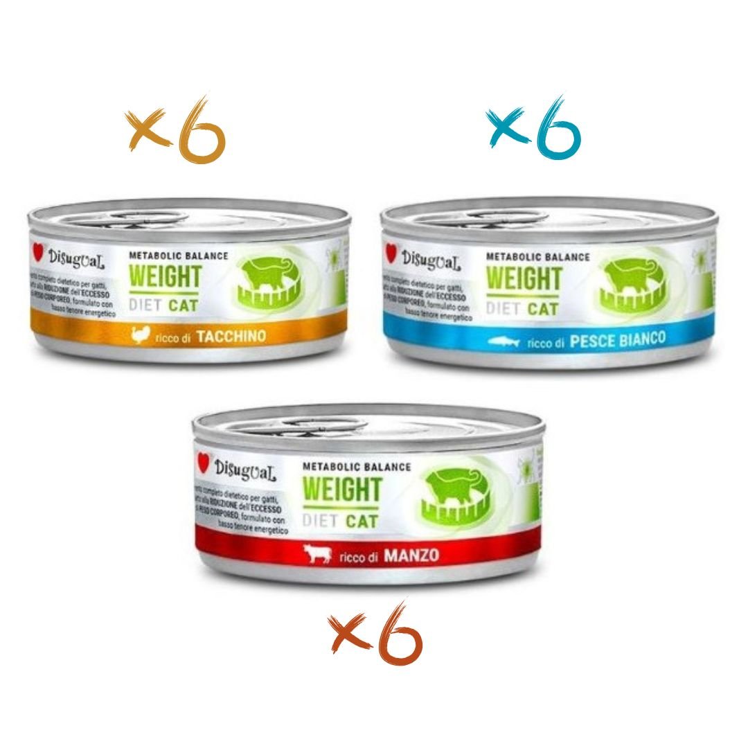 Disugual Weight Gato Pack 18x85Gr Varios Sabores: Ternera, Pescado Blanco y Pavo