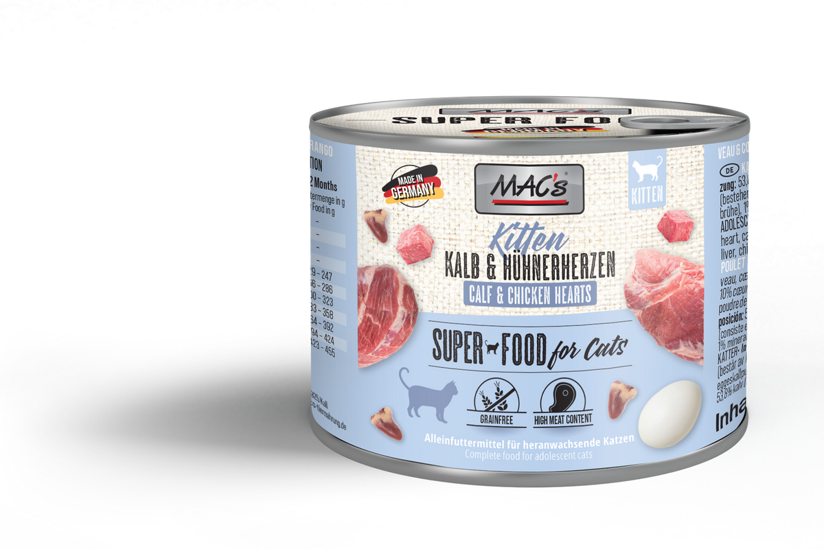 MAC’s Kitten Ternera joven y corazones de pollo 200g