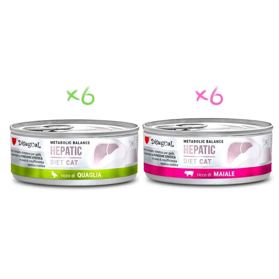 Disugual Hepático Gato Pack 12x85Gr Varios Sabores: Codorniz y Cerdo