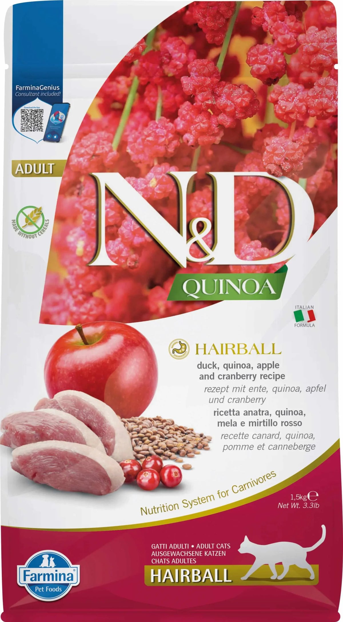 FARMINA ND GATO QUINOA HAIRBALL PATO 1,5KG