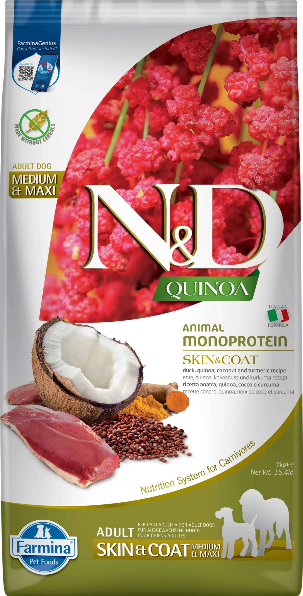 FARMINA ND PERRO QUINOA SKIN COAT PATO MED/MAXI 7KG
