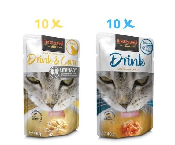 Leonardo Gato Drink 20x40Gr Pack 10 Pollo Urinary Care 10 Salmón