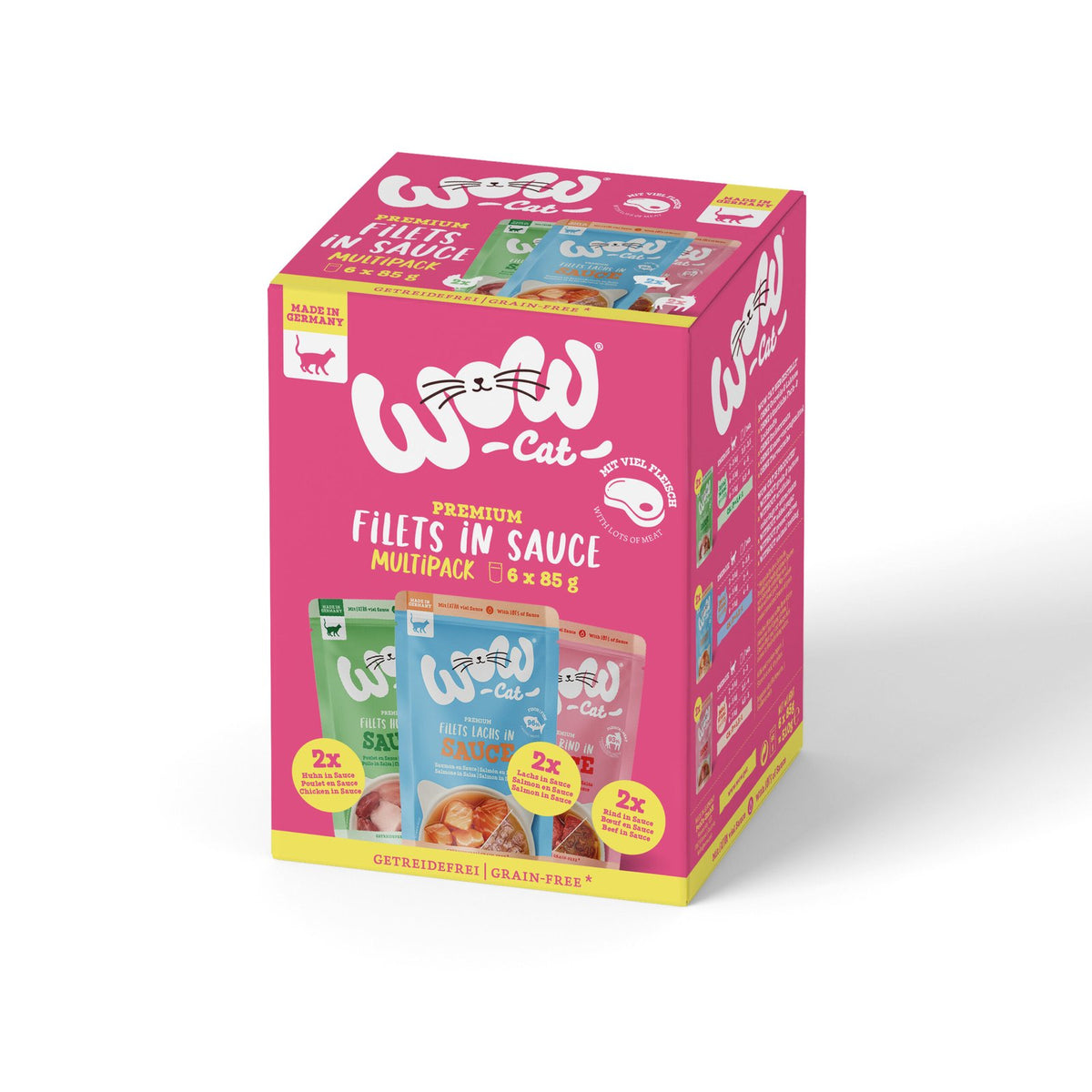 WOW CAT FILETES EN SALSA MULTIPACK GATO – POLLO, VACUNO Y SALMÓN 6x85GR
